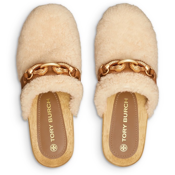 TORY BURCH Jessa Shearling Clog in Buttermilk/Royal Tan size 7 - Picture 3 of 11